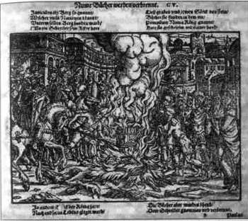 Сожжение еретических книг, гравюра на дереве XVI века